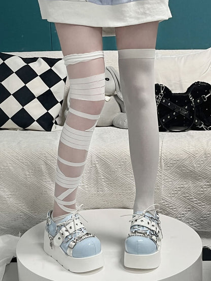 Tenshi Kaiwai Light Blue Y2K Bone Design Buckle Strap Platform Shoes