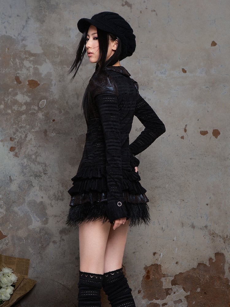 Black Punk Ruffled Puff Collar Blouse with Dotted Eyelet Fabric & Front Side Zippers