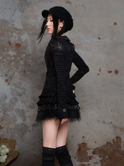 Black Punk Ruffled Puff Collar Blouse with Dotted Eyelet Fabric & Front Side Zippers