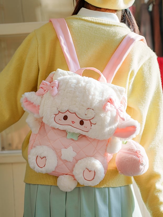 White&Pink Star And Bowknot Decorated Diamond Pattern Plush Lamb Flap Backpack