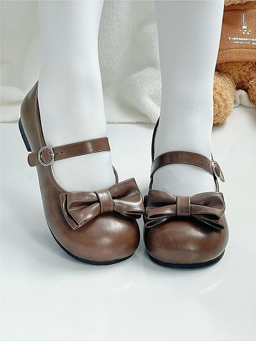 Brown Sweet Lolita Round Toe Mary Janes - Circle Buckle & Bow Accents