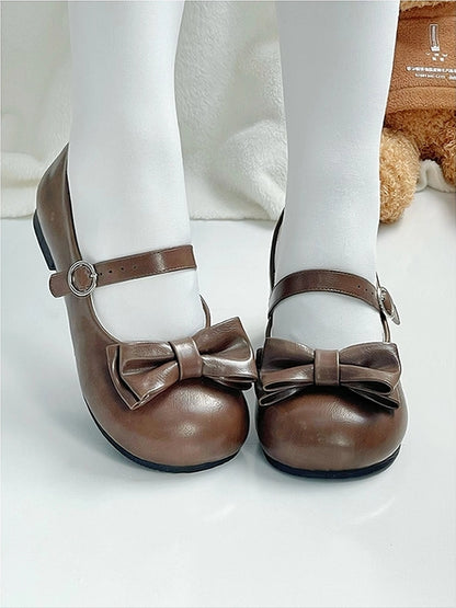 Brown Sweet Lolita Round Toe Mary Janes - Circle Buckle & Bow Accents