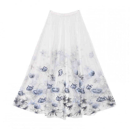 Corpse Bride White High-low Tulle Skirt with Delicate Blue Black Floral Embroidery