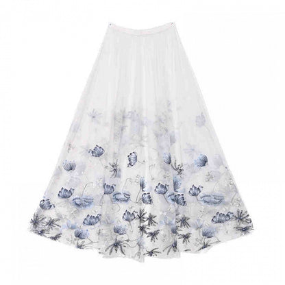 Corpse Bride White High-low Tulle Skirt with Delicate Blue Black Floral Embroidery