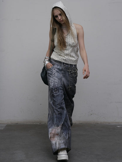 White Striped Pattern Star Print Lace-up Detail Hoodie Sleeveless Top