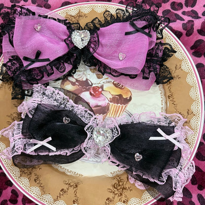 Black/Purple Rhinestone Decorated Lace Trim Bowknot Hairclip