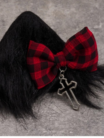 Black Cat Ear With Red Plaid Pattern Bowknot Clip
