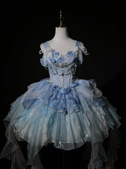 Light Blue Bead and Sequins Details Cascading Ruffle Accents Princess Lolita JSK Full Set