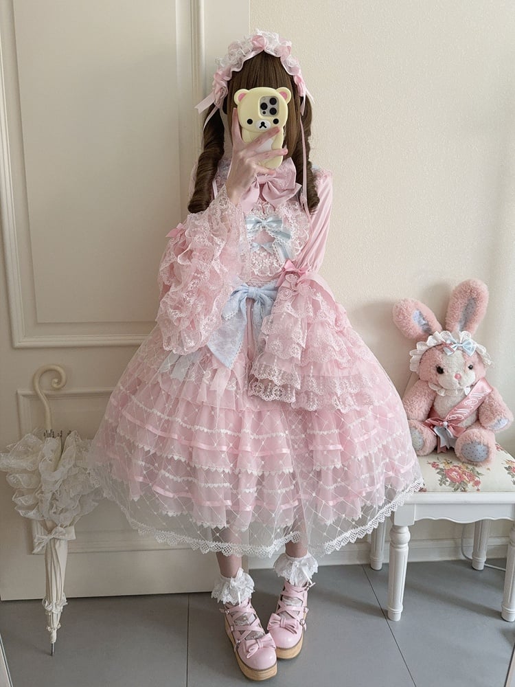 Pink Flower Applique Heart Bodice Overlay Hem Princess Lolita Jumper Skirt