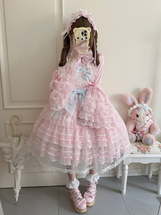 Pink Flower Applique Heart Bodice Overlay Hem Princess Lolita Jumper Skirt