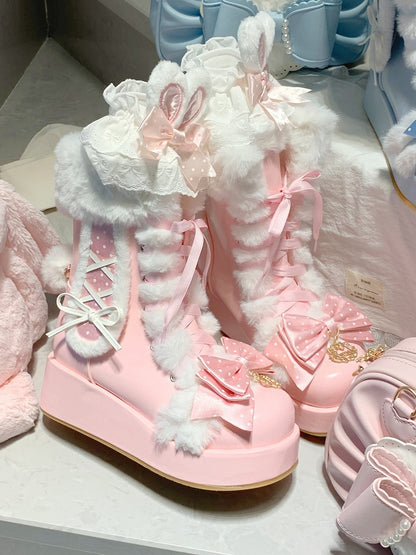 Sweet Strawberry Pink Lolita Boots - Bunny Details & Plush Cuff with Polka-dot Pattern Top Bow