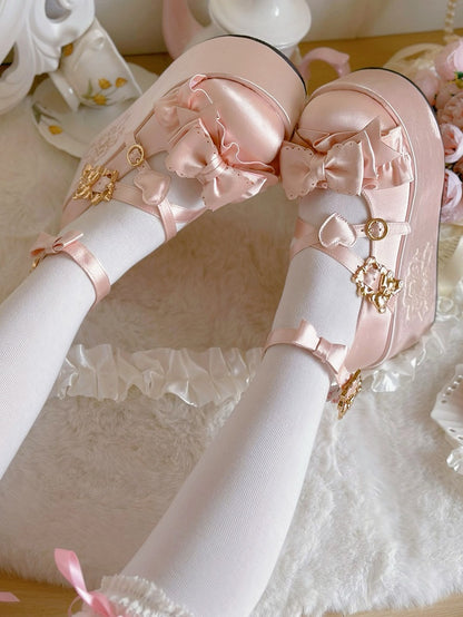 Pink Bear Buckle Straps Bowknot Platform Shoes with Bear Embroidery