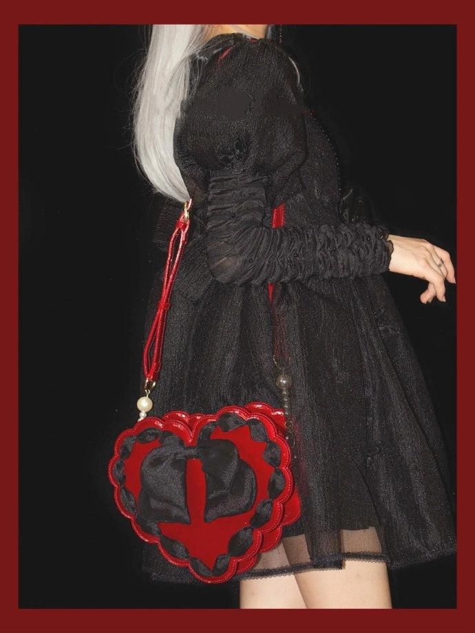 Red Heart-Shaped Lolita Bag with Black Bow & Pearl Handle