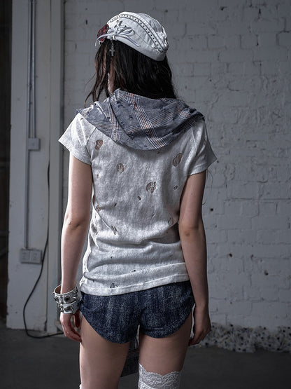 Blue and White Plaid Distressed Holes Navycore Zipper T-shirt Faux Two-pieces