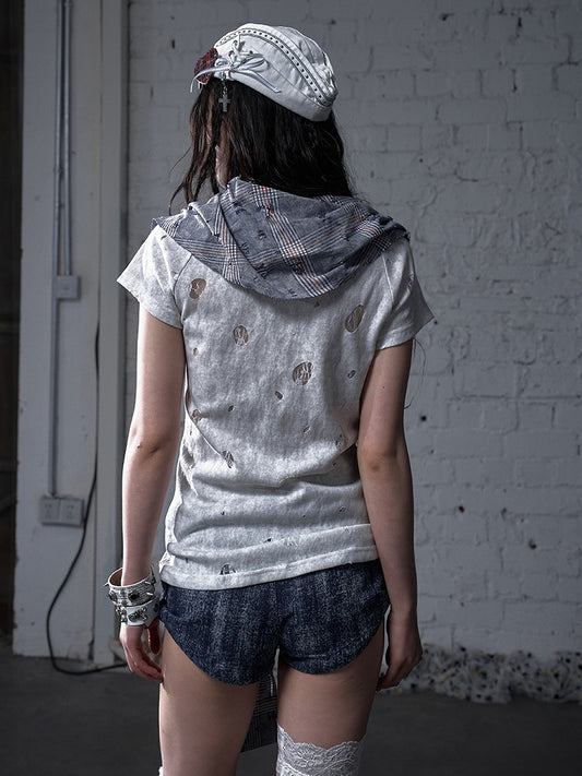 Blue and White Plaid Distressed Holes Navycore Zipper T-shirt Faux Two-pieces