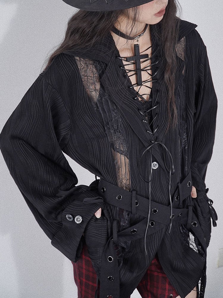 Lace-up Detail Black Punk Shirt with Waist Belt