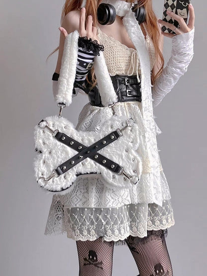 White Punk Y2K Bone-Shaped Fleece Bag With Studded Crisscross Straps