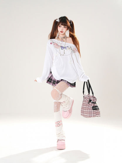 Butterfly-shaped Cutout Detail Back White/Pink Asymmetrical Neckline Top