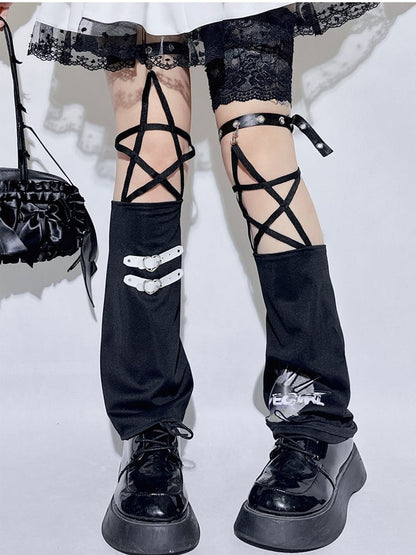 Black Buckle Design Star-Shaped Straps Leg Warmers