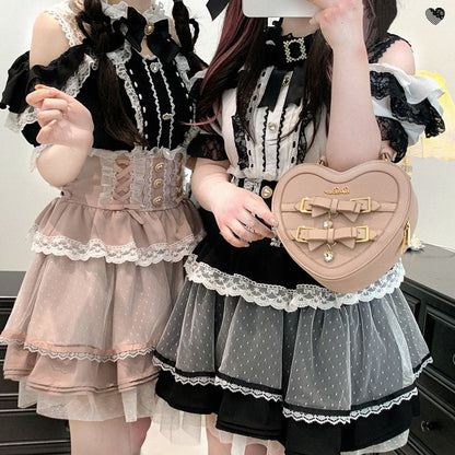 Black/Pink/Blue High Waist Sweetheart Buttons Lace Trim Jirai Kei Tiered Skirt