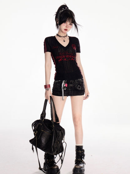 Black Low Waist Faded Wash Distressed Design Mini Bodycon Denim Skirt