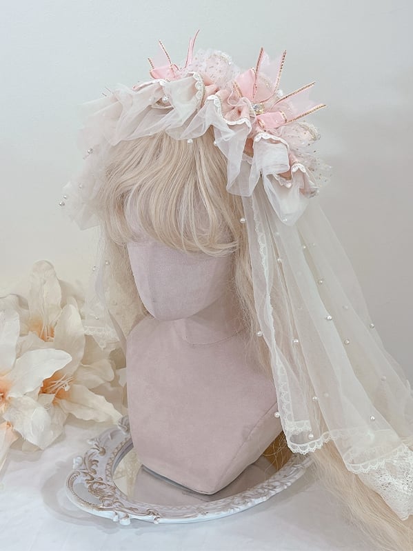 Clearance-Pink Hairband with Bead Details Veil