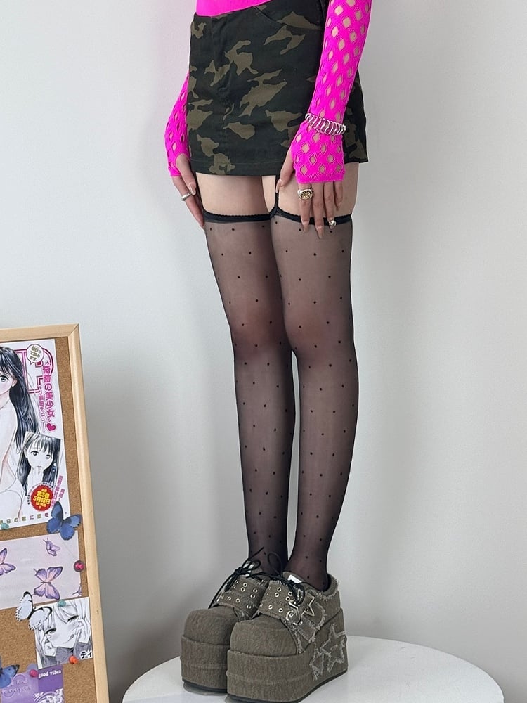 7 Color Options Polka-dot Pattern Semi-sheer Suspender Stockings