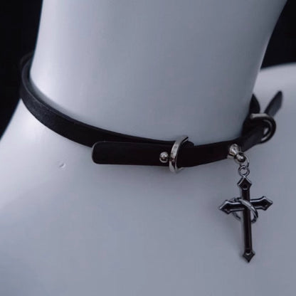 Handmade Black Cross Pendant Gothic PU Choker