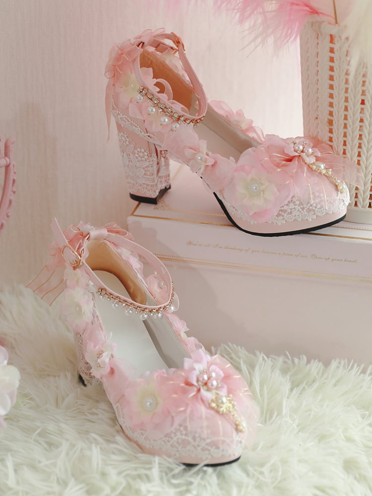 Pink Sakura Hime Lolita Shoes Bow Accents Beaded Detail Princess High Heels