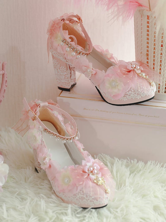 Pink Sakura Hime Lolita Shoes Bow Accents Beaded Detail Princess High Heels