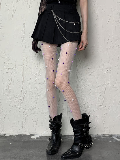 White Y2K Hollow-out Design Fishnet Tights With Pink Purple White Pompons