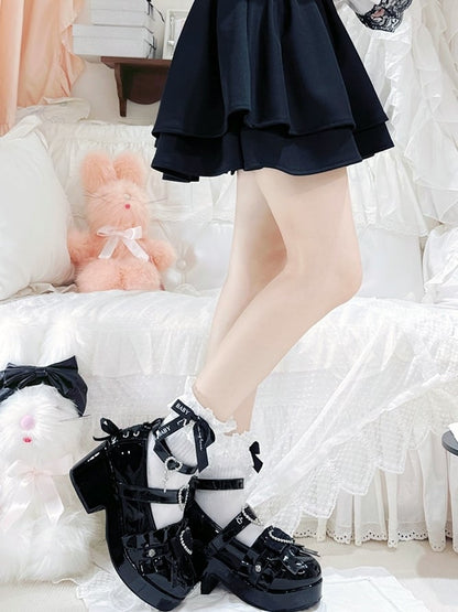 Jirai Kei Polished Black Rhinestone Heart Decorated Lace-up Details Platform High Block Heels