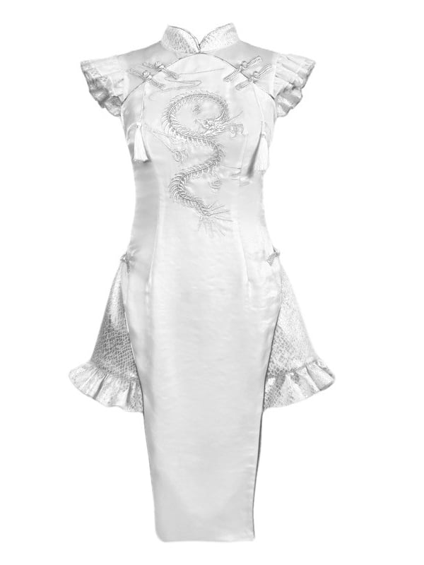 Silver Dragon Embroidery Cheongsam Style Goth Qipao Dress
