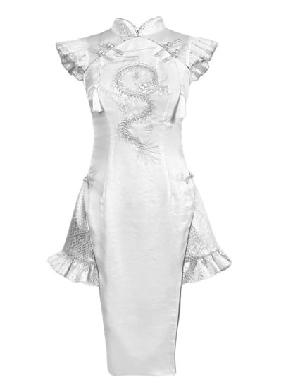 Silver Dragon Embroidery Cheongsam Style Goth Qipao Dress