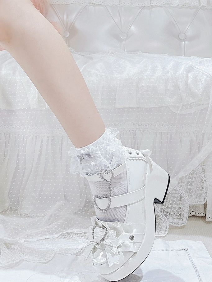 Jirai Kei Polished White Rhinestone Heart Decorated Lace-up Details Platform High Block Heels