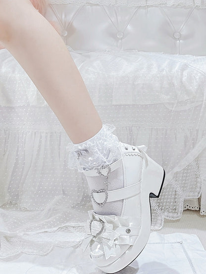 Jirai Kei Polished White Rhinestone Heart Decorated Lace-up Details Platform High Block Heels