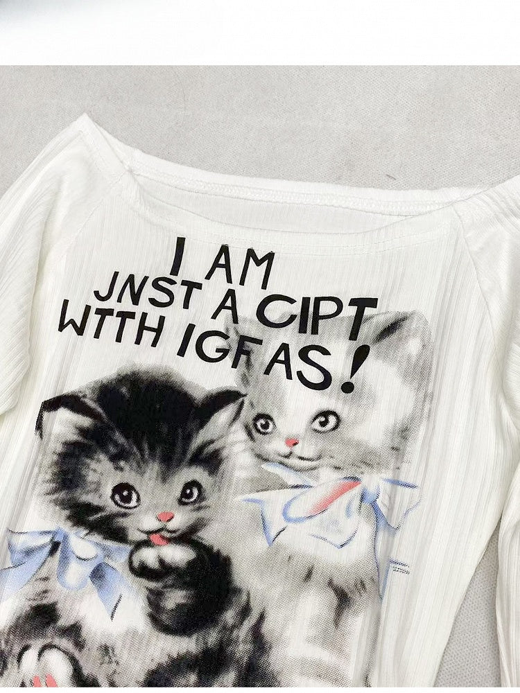 White Y2K Bittersweet Letter And Cat Print Off-the-shoulder Neckline Top