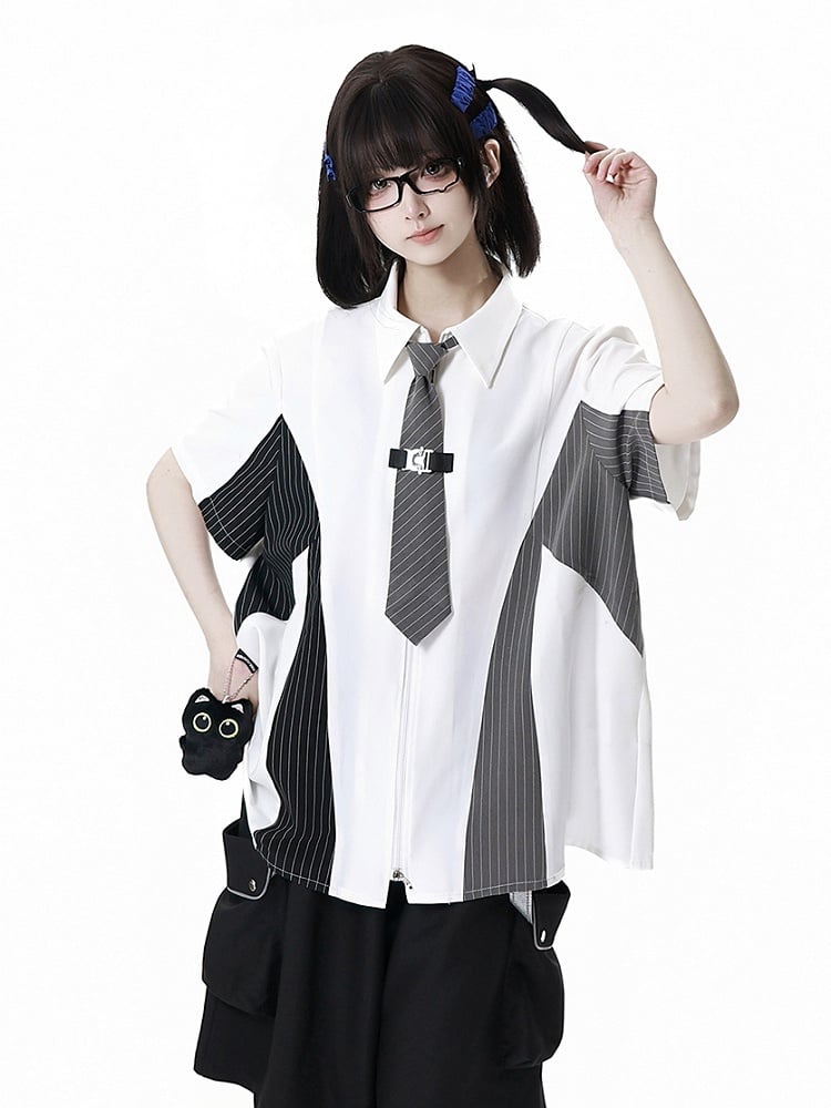 Black and Gray Striped Colorblock Design Techwear Zip-up Shirt with Free Kitty Plushie