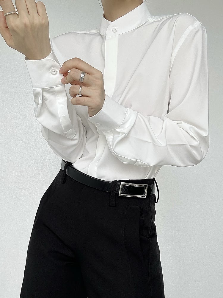 Ouji Lolita White Unisex Long Sleeve Shirt with Mandarin Collar & Button-Down Front