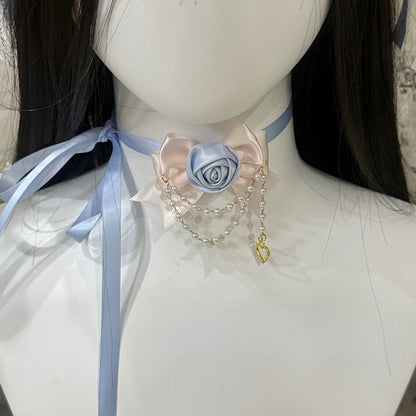 White&Blue Beaded And Heart Charm Bowknot Details Ruffled Hairband + Floral Design Bowknot Choker