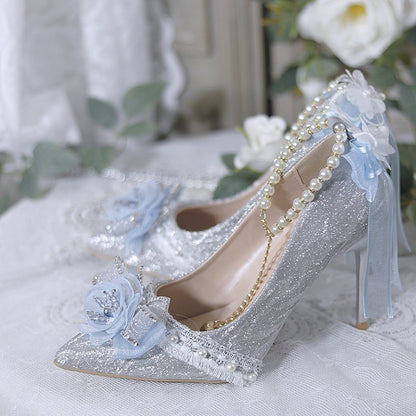 Silver & Light Blue Glittering Floral Bownknot Detachable Beaded Chain Hime Lolita High Heels