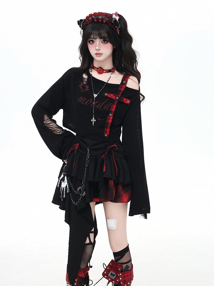 Red and Black Plaid Drawstring Waist Handkerchief Hem Tiered Skirt Cami Dress