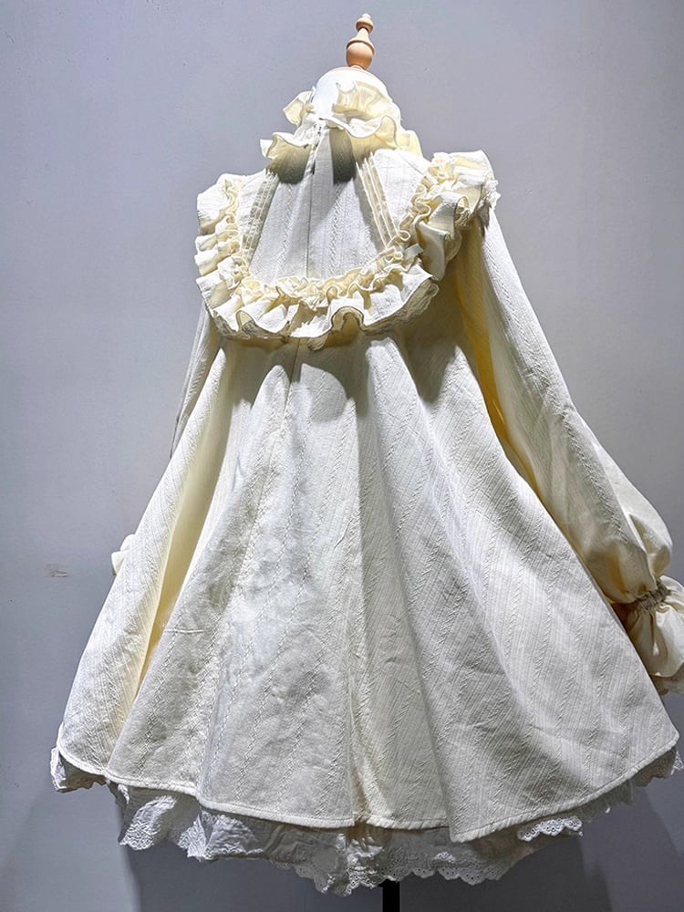 Beige Big Bow Ruffled High Neck Sweet Lolita Long Sleeves Cotton Dress