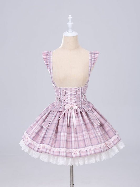 Pink Lace-up High Waist Jirai Kei Plaid Skirt with Detachable Flutter Straps