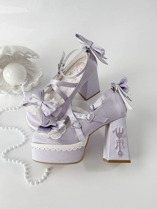 Purple Lolita Lace Bowknot Buckle Straps Fork Embroidery Platform Block High Heels