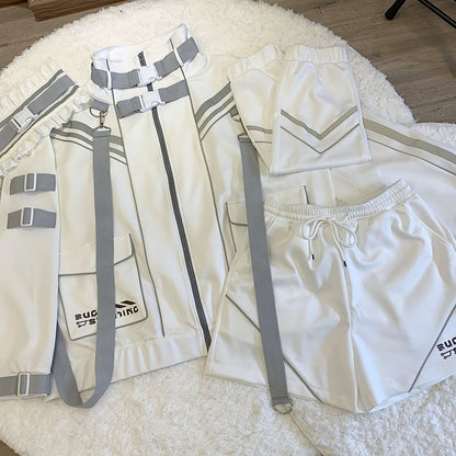 White Futuristic Cyberpunk Buckle Strap Jersey Maid Jirai Kei Full Set