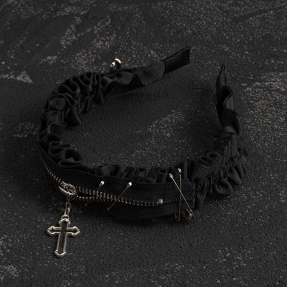 Gothic Cross Zip Decorated Black Ruffled KC
