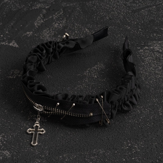 Gothic Cross Zip Decorated Black Ruffled KC