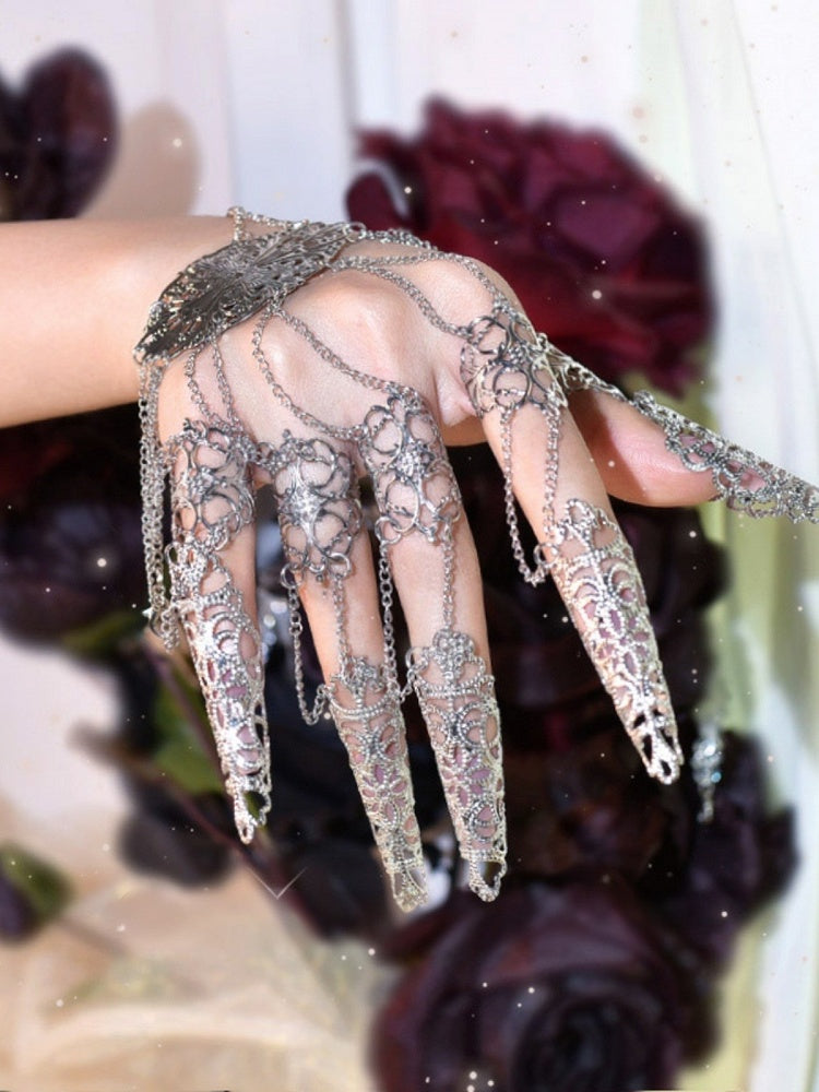 Cyberpunk Finger Nail Ring Bracelet Gothic Hand Accessory Silver/Metallic Color