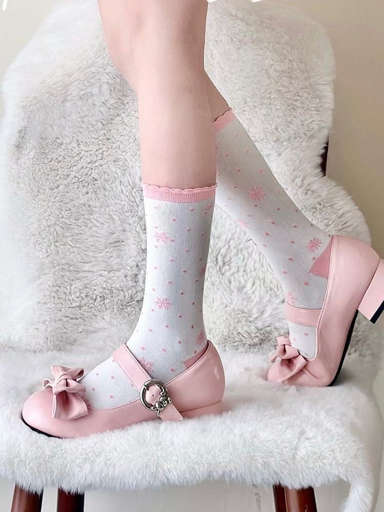 Pink Snowflakes Print Polka-dot Pattern Lolita Calf Socks